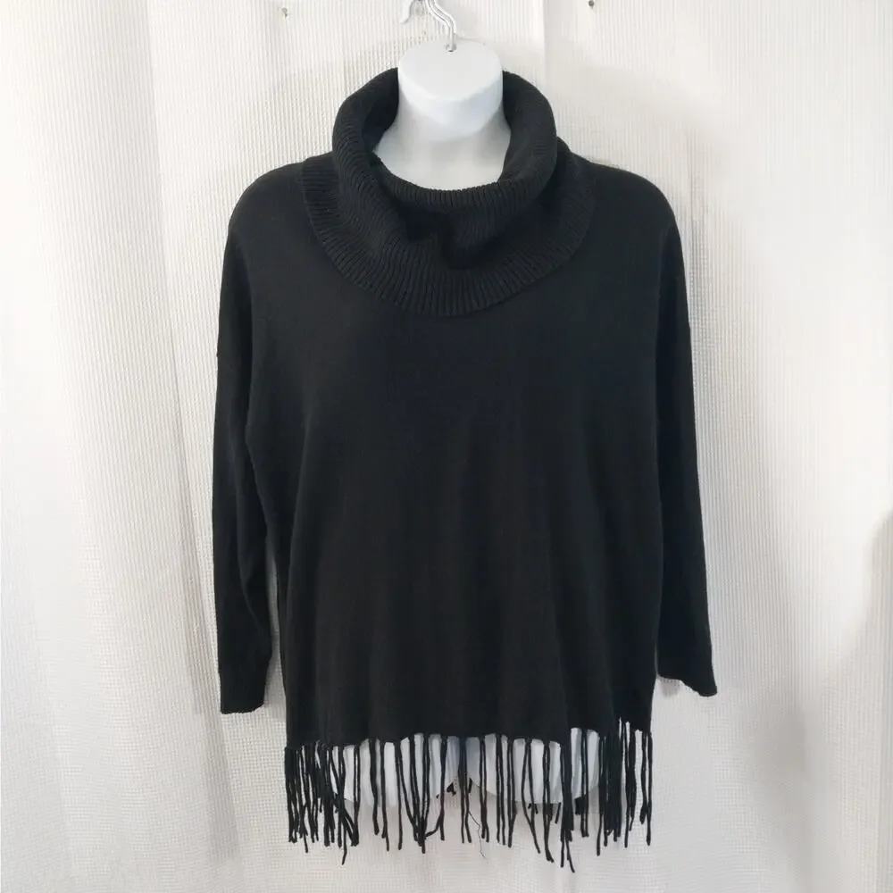 MICHAEL KORS! STRIKING BLACK KNIT, OVERSIZED, FRINGED COWL SWEATER! SZ 2X